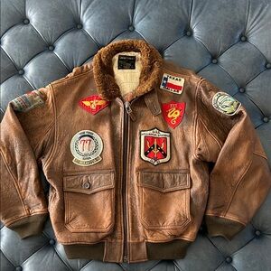 Avirex G-1 Brown Leather Bomber Jacket with Patches Shearling Collar M Rare